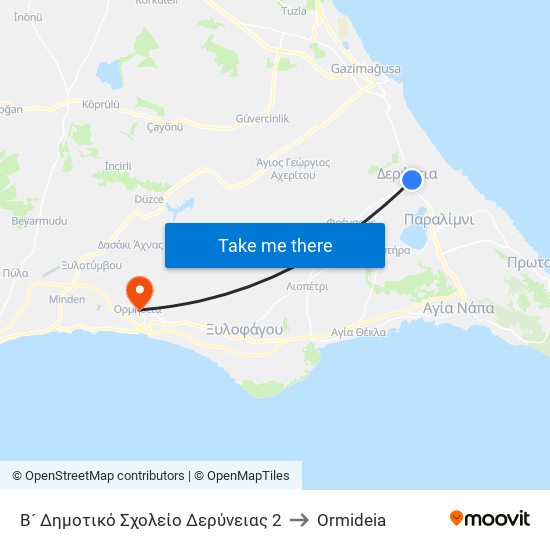 Β´ Δημοτικό Σχολείο Δερύνειας 2 to Ormideia map