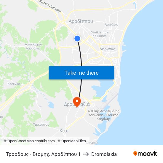 Τροόδους - Βιομηχ. Αραδίππου 1 to Dromolaxia map