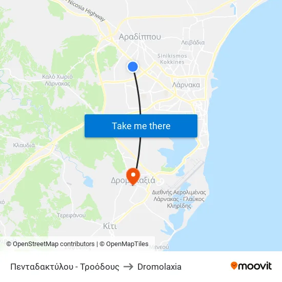 Πενταδακτύλου - Τροόδους to Dromolaxia map