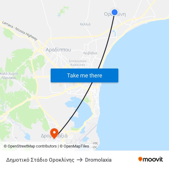Δημοτικό Στάδιο Οροκλίνης to Dromolaxia map