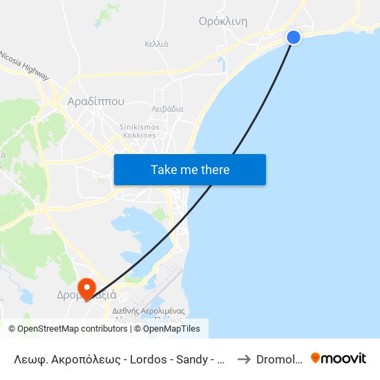 Λεωφ. Ακροπόλεως - Lordos - Sandy - Golden Bay to Dromolaxia map