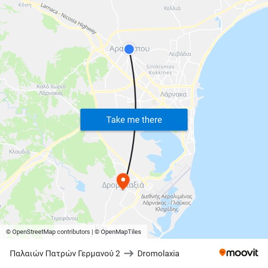 Παλαιών Πατρών Γερμανού 2 to Dromolaxia map