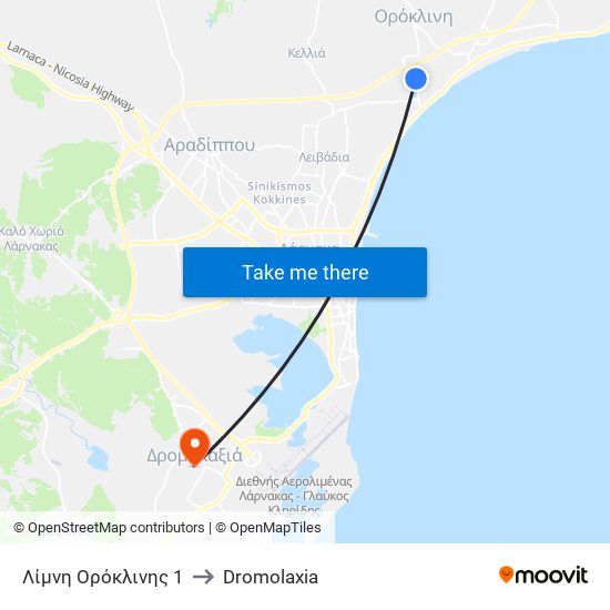 Λίμνη Ορόκλινης 1 to Dromolaxia map