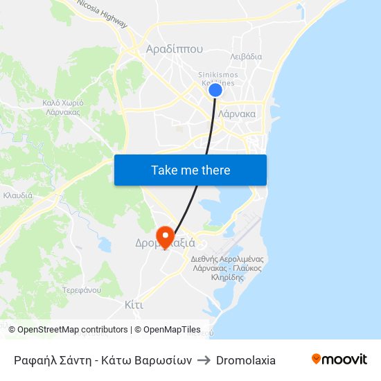 Ραφαήλ Σάντη - Κάτω Βαρωσίων to Dromolaxia map