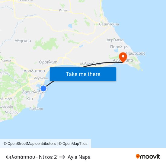 Φιλοπάππου - Νίτσε 2 to Ayia Napa map
