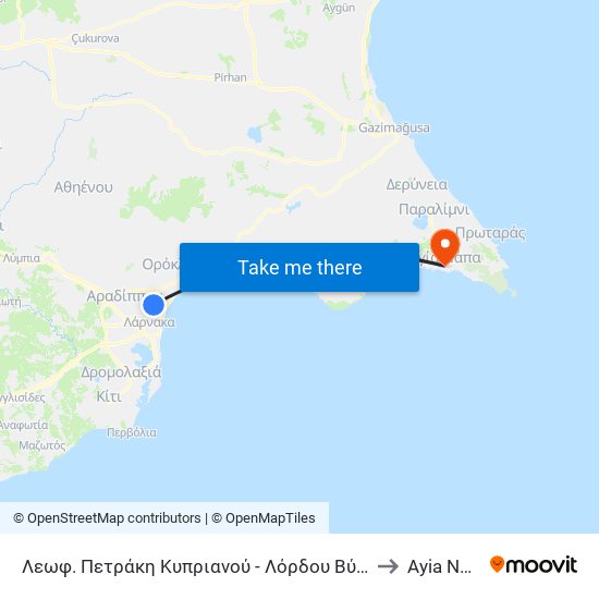 Λεωφ. Πετράκη Κυπριανού - Λόρδου Βύρωνος to Ayia Napa map