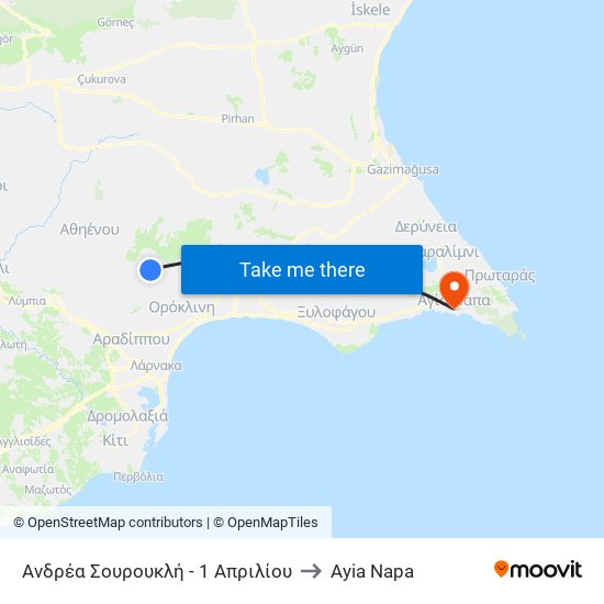 Ανδρέα Σουρουκλή - 1 Απριλίου to Ayia Napa map