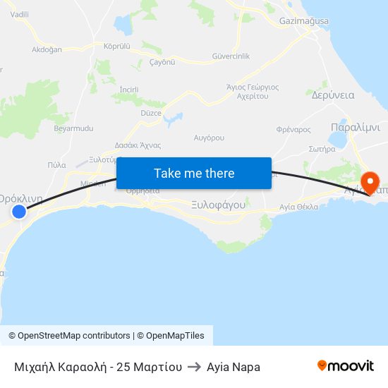 Μιχαήλ Καραολή - 25 Μαρτίου to Ayia Napa map