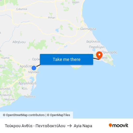 Τεύκρου Ανθία - Πενταδακτύλου to Ayia Napa map