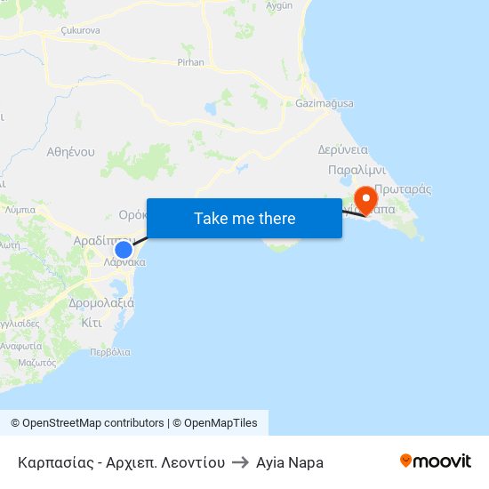 Καρπασίας - Αρχιεπ. Λεοντίου to Ayia Napa map