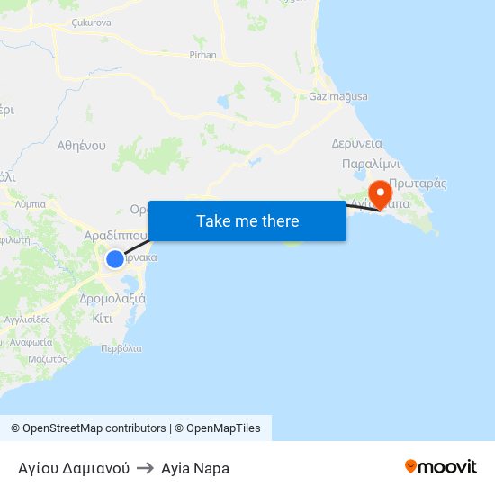 Αγίου Δαμιανού to Ayia Napa map