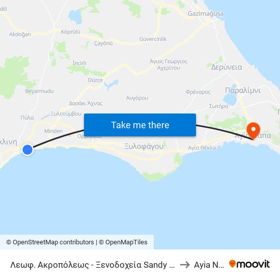 Λεωφ. Ακροπόλεως - Ξενοδοχεία Sandy - Golden Bay to Ayia Napa map