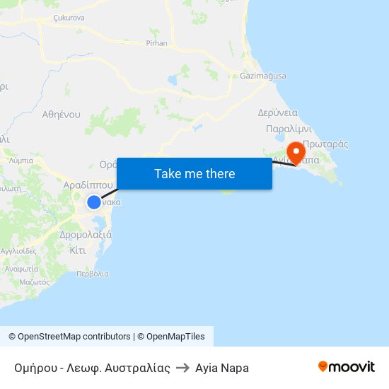 Ομήρου - Λεωφ. Αυστραλίας to Ayia Napa map