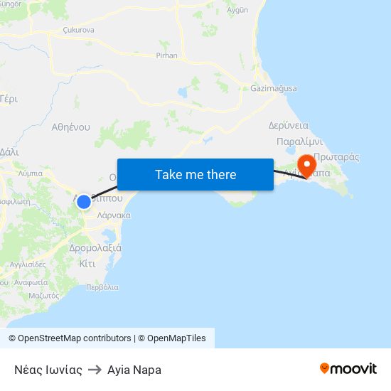 Νέας Ιωνίας to Ayia Napa map