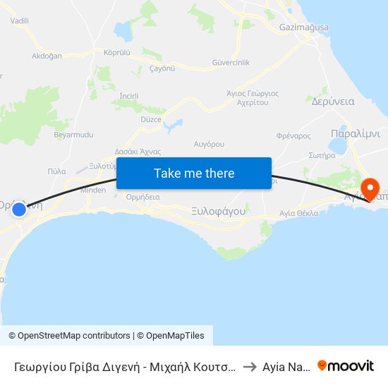 Γεωργίου Γρίβα Διγενή - Μιχαήλ Κουτσόφτα to Ayia Napa map