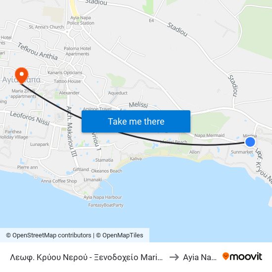 Λεωφ. Κρύου Νερού - Ξενοδοχείο Marina 1 to Ayia Napa map