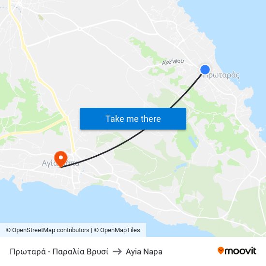 Πρωταρά - Παραλία Βρυσί to Ayia Napa map