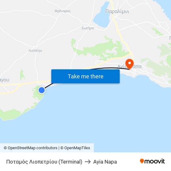 Ποταμός Λιοπετρίου (Terminal) to Ayia Napa map