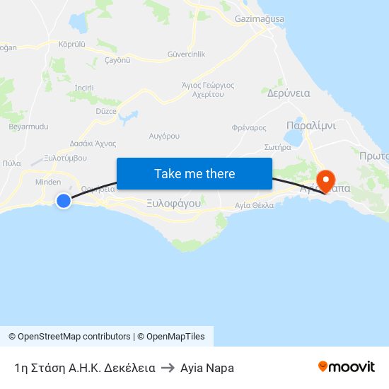 1η Στάση Α.Η.Κ. Δεκέλεια to Ayia Napa map