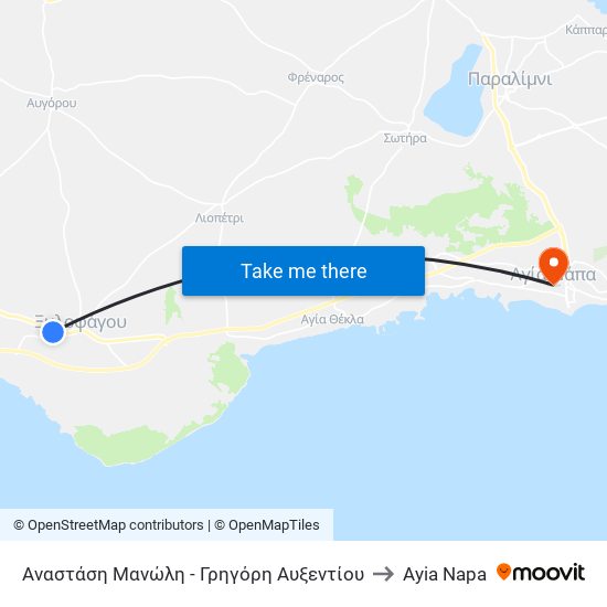 Αναστάση Μανώλη - Γρηγόρη Αυξεντίου to Ayia Napa map