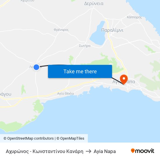 Αχυρώνος - Κωνσταντίνου Κανάρη to Ayia Napa map