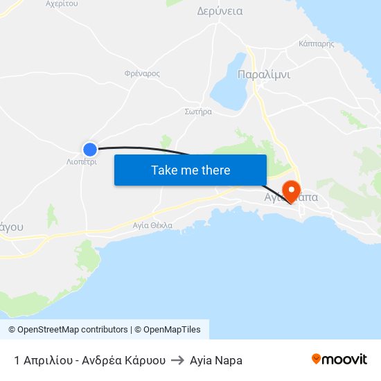 1 Απριλίου - Ανδρέα Κάρυου to Ayia Napa map