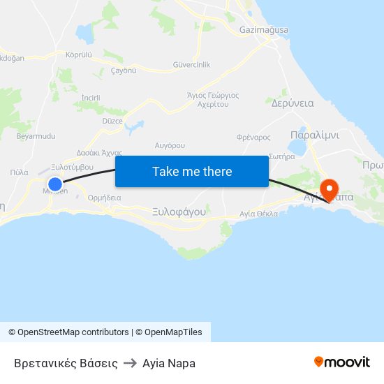 Βρετανικές Βάσεις to Ayia Napa map