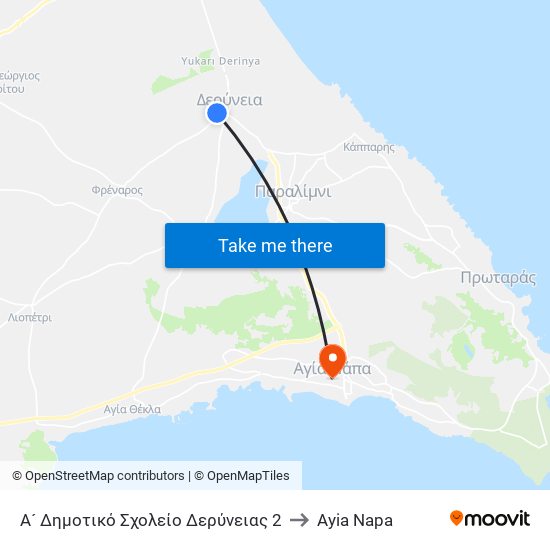 Α´ Δημοτικό Σχολείο Δερύνειας 2 to Ayia Napa map