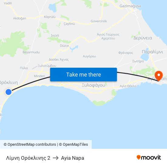 Λίμνη Ορόκλινης 2 to Ayia Napa map