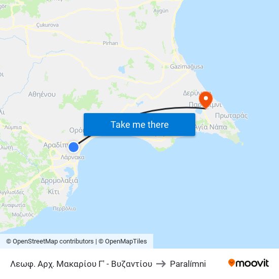 Λεωφ. Αρχ. Μακαρίου Γ' - Βυζαντίου to Paralímni map