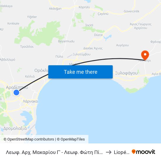 Λεωφ. Αρχ. Μακαρίου Γ' - Λεωφ. Φώτη Πίττα 1 to Liopétri map