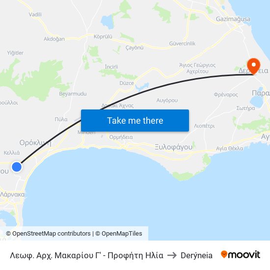 Λεωφ. Αρχ. Μακαρίου Γ' - Προφήτη Ηλία to Derýneia map