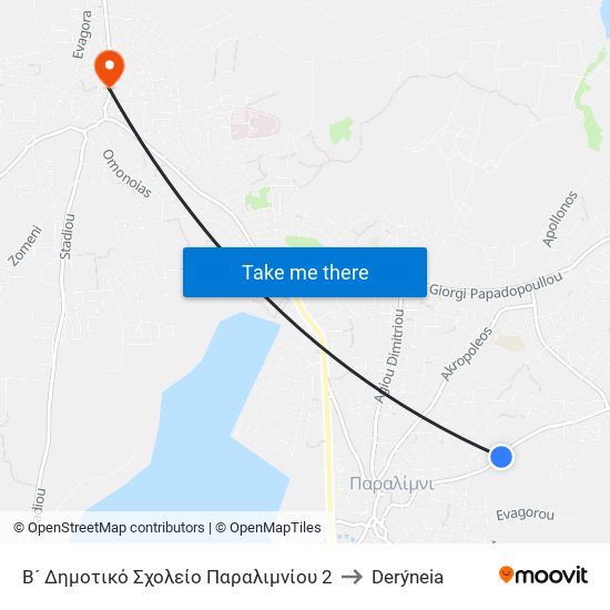 Β´ Δημοτικό Σχολείο Παραλιμνίου 2 to Derýneia map