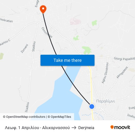 Λεωφ. 1 Απριλίου - Αλικαρνασσού to Derýneia map