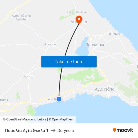 Παραλία Αγία Θέκλα 1 to Derýneia map