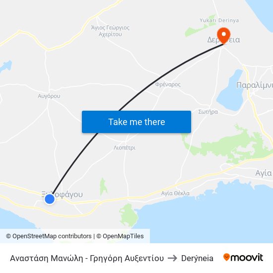 Αναστάση Μανώλη - Γρηγόρη Αυξεντίου to Derýneia map