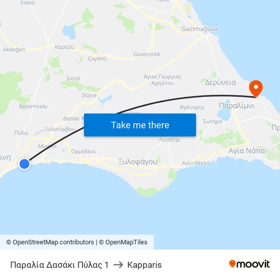 Παραλία Δασάκι Πύλας 1 to Kapparis map