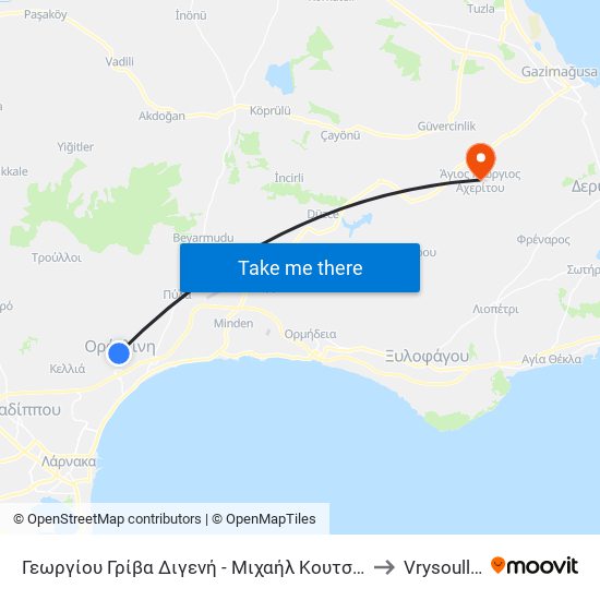 Γεωργίου Γρίβα Διγενή - Μιχαήλ Κουτσόφτα to Vrysoulles map