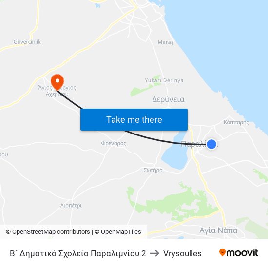 Β´ Δημοτικό Σχολείο Παραλιμνίου 2 to Vrysoulles map