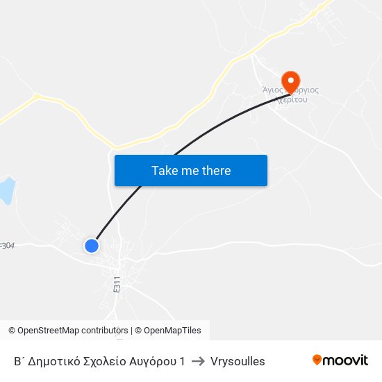 Β´ Δημοτικό Σχολείο Αυγόρου 1 to Vrysoulles map