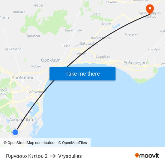 Γυμνάσιο Κιτίου 2 to Vrysoulles map