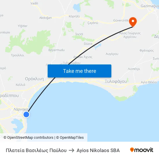 Πλατεία Βασιλέως Παύλου to Ayios Nikolaos SBA map