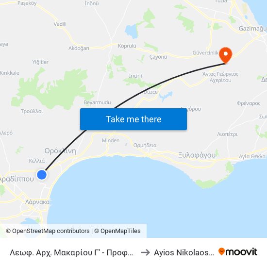 Λεωφ. Αρχ. Μακαρίου Γ' - Προφήτη Ηλία to Ayios Nikolaos SBA map
