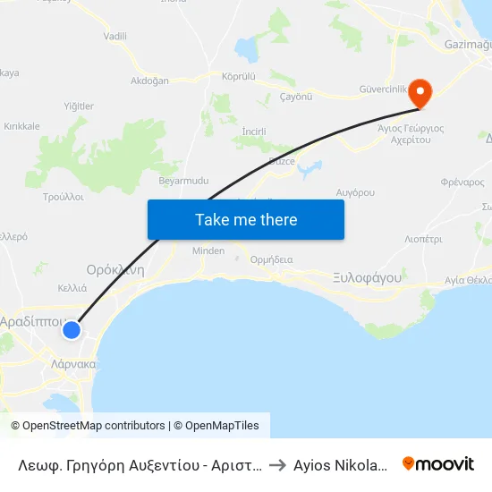 Λεωφ. Γρηγόρη Αυξεντίου - Αριστ. Βαλαωρίτη to Ayios Nikolaos SBA map