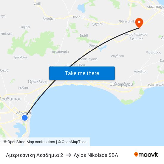 Αμερικάνικη Ακαδημία 2 to Ayios Nikolaos SBA map