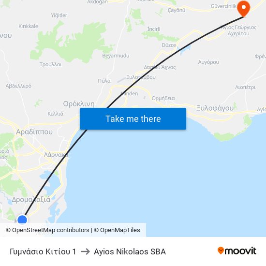 Γυμνάσιο Κιτίου 1 to Ayios Nikolaos SBA map