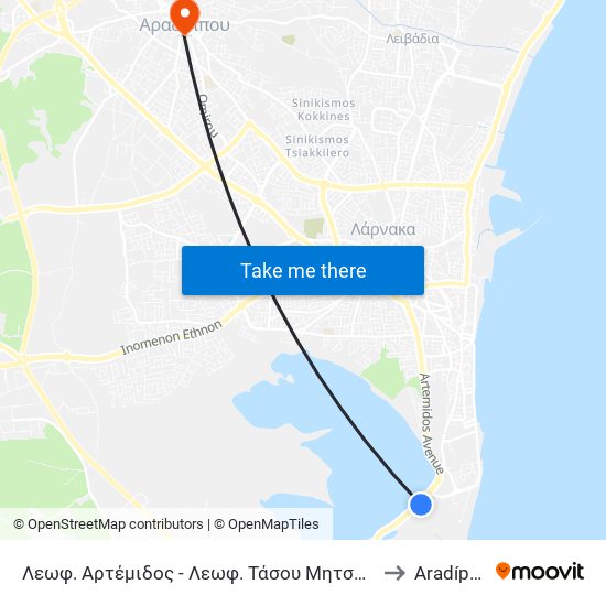 Λεωφ. Αρτέμιδος - Λεωφ. Τάσου Μητσόπουλου 1 to Aradíppou map