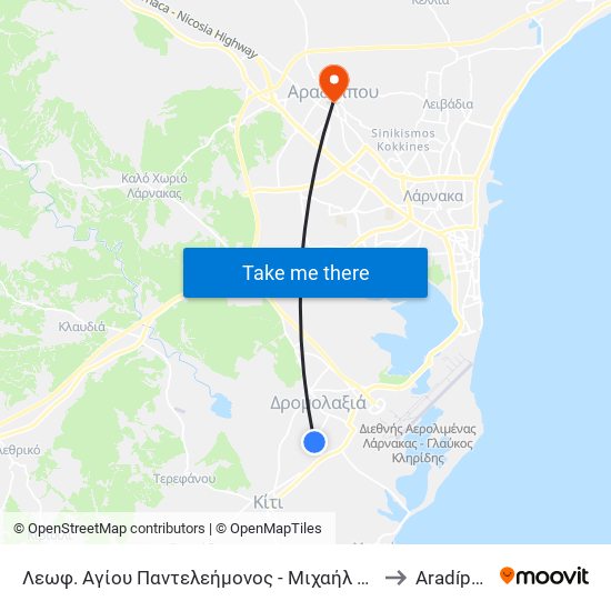 Λεωφ. Αγίου Παντελεήμονος - Μιχαήλ Καραολή to Aradíppou map