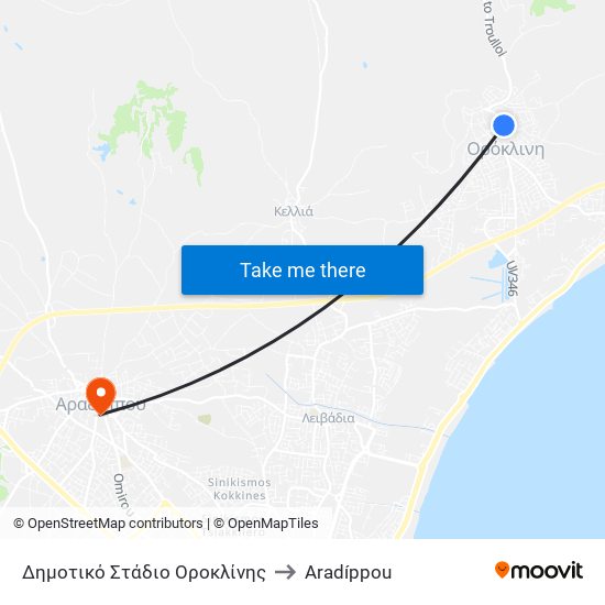 Δημοτικό Στάδιο Οροκλίνης to Aradíppou map