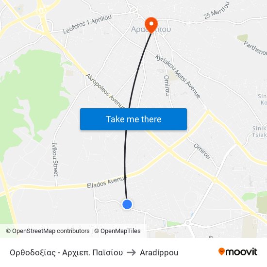 Ορθοδοξίας - Αρχιεπ. Παϊσίου to Aradíppou map